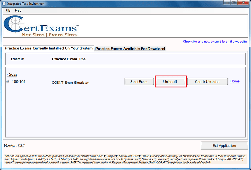 Certexams Exam sims Uninstall Procedure step 1